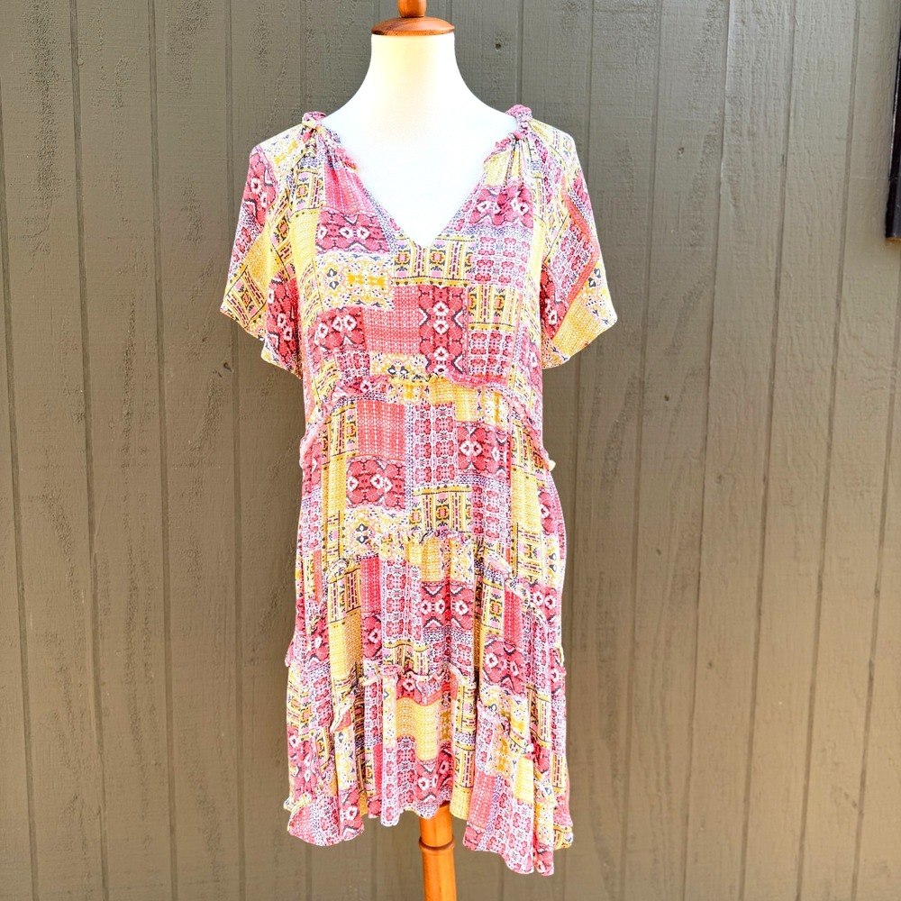 Anthropologie Robin Tiered Oversized Babydoll Dress Size S Pink Patchwork Boho